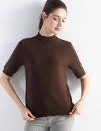 Merino Wool Blend Mock Neck Short Sleeve Seamless Knit Sweater