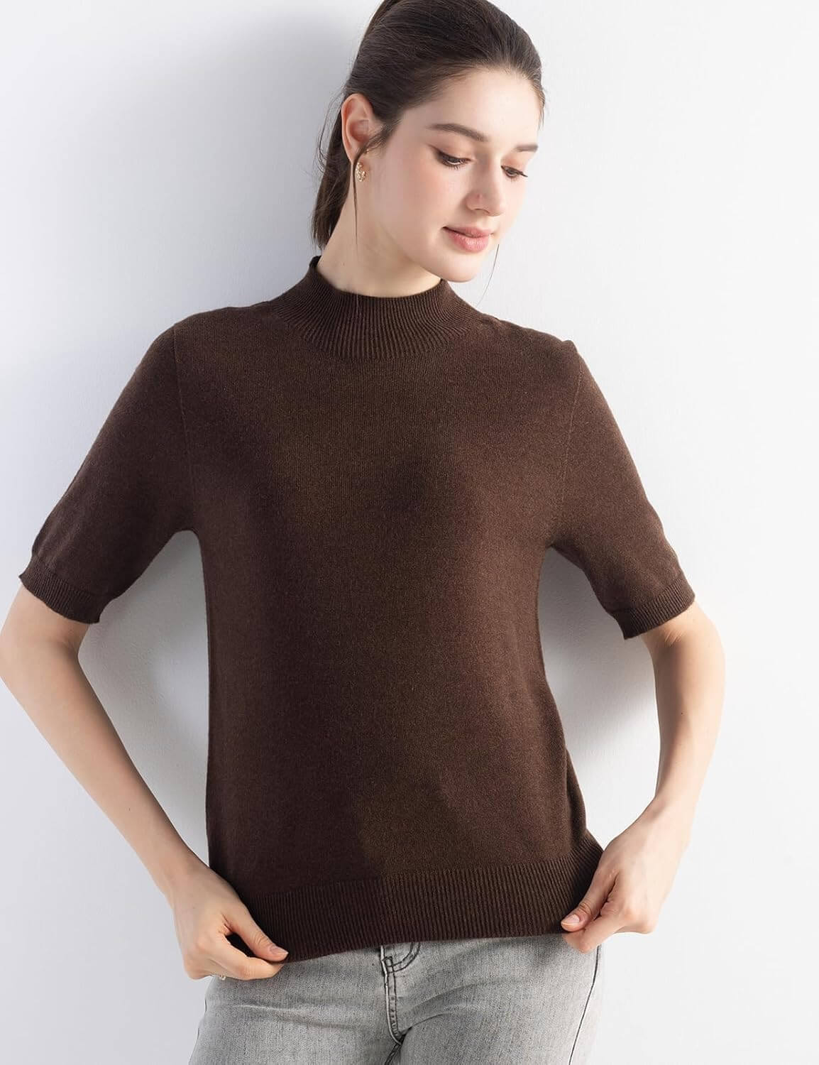 Merino Wool Blend Mock Neck Short Sleeve Seamless Knit Sweater