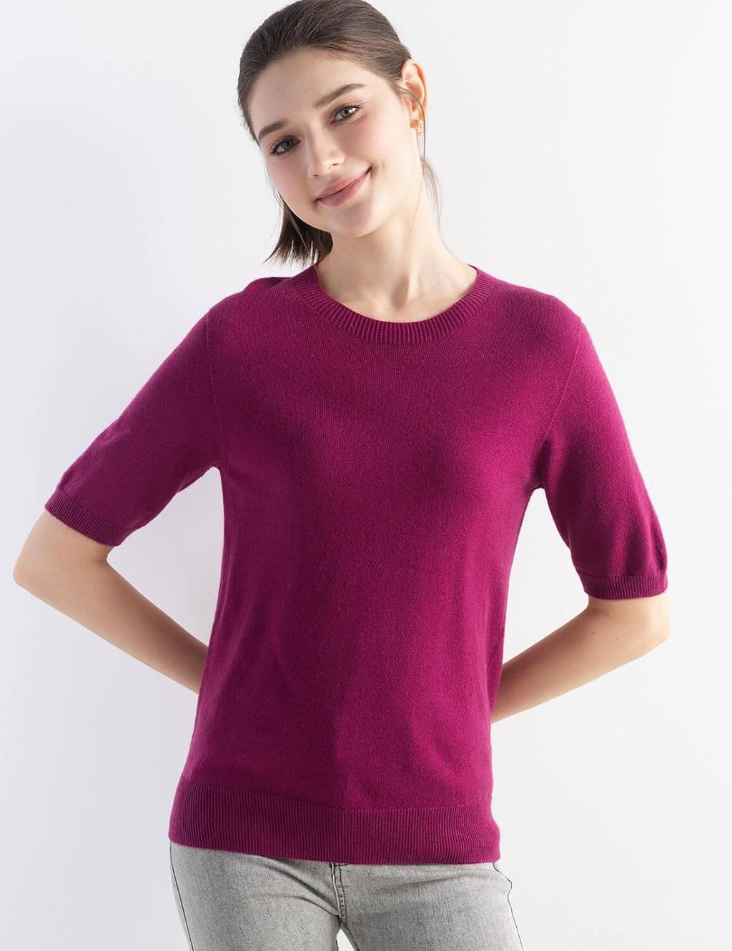 Merino Wool Blend Crew Neck Short Sleeve Seamless Knit Sweater
