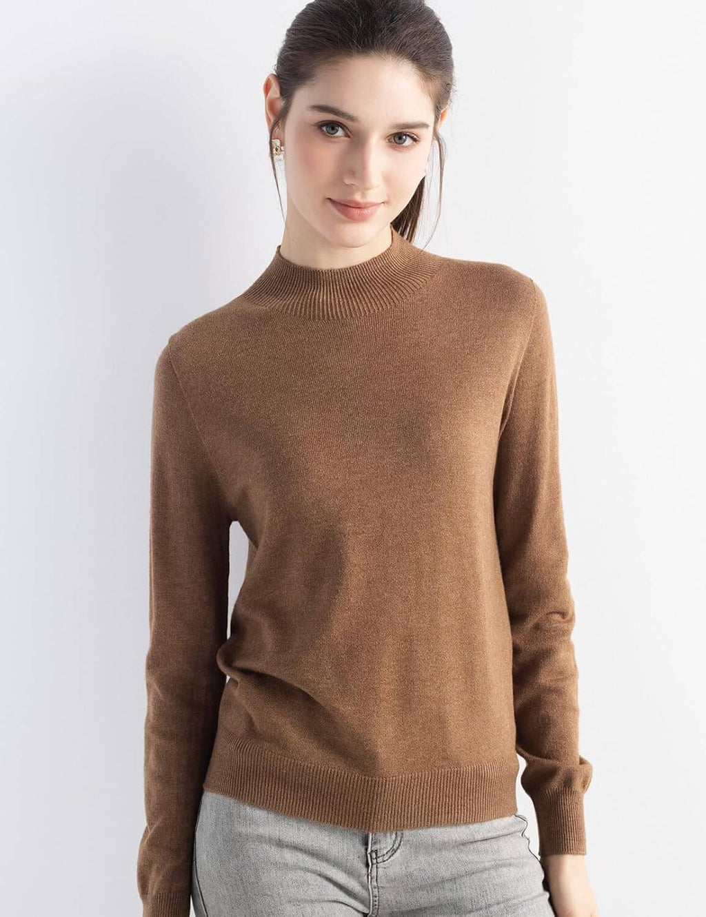 Merino Wool Blend Mock Neck Seamless Knit Sweater
