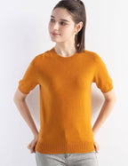 Merino Wool Blend Crew Neck Short Sleeve Seamless Knit Sweater