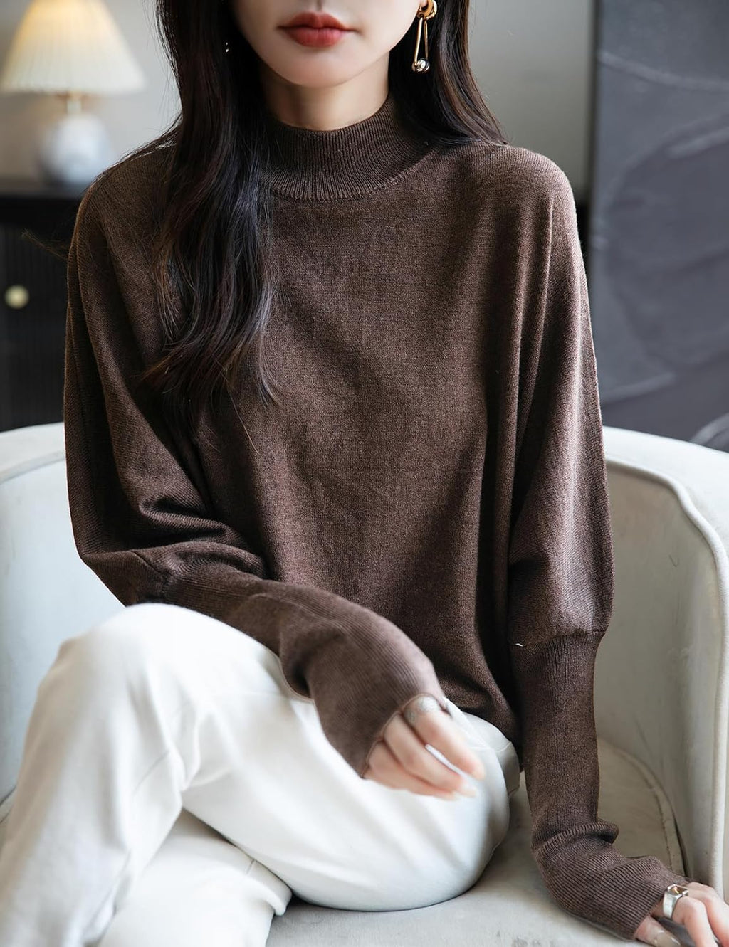 Merino Wool Blend Mock Neck Batwing Sleeve Sweater