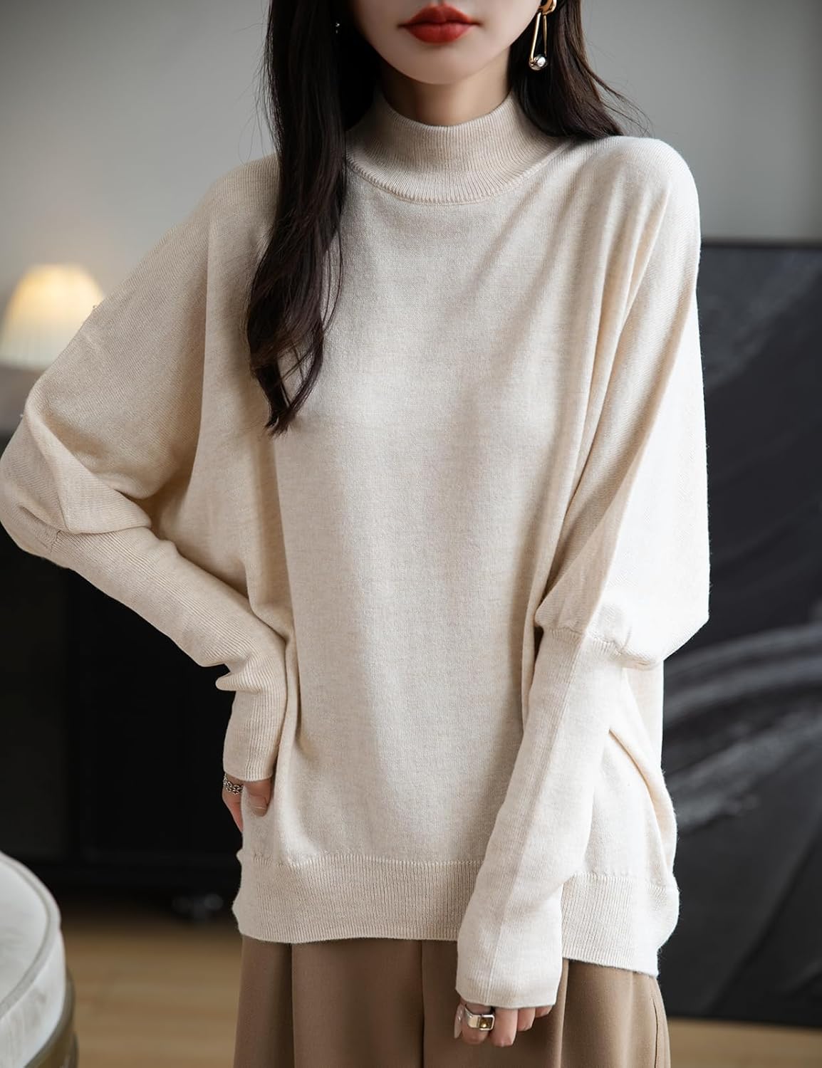 Merino Wool Blend Mock Neck Batwing Sleeve Sweater