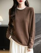 Merino Wool Blend Color Block Fake Two-Piece Crewneck Knit Top
