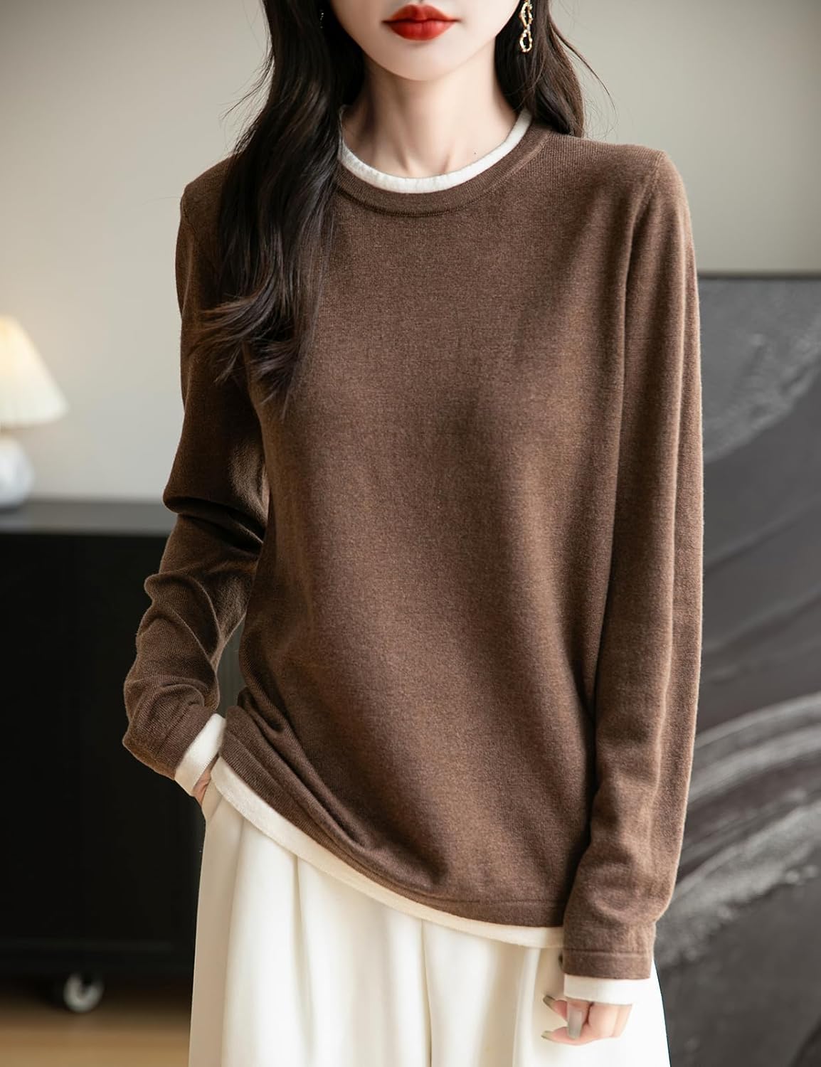 Merino Wool Blend Color Block Fake Two-Piece Crewneck Knit Top