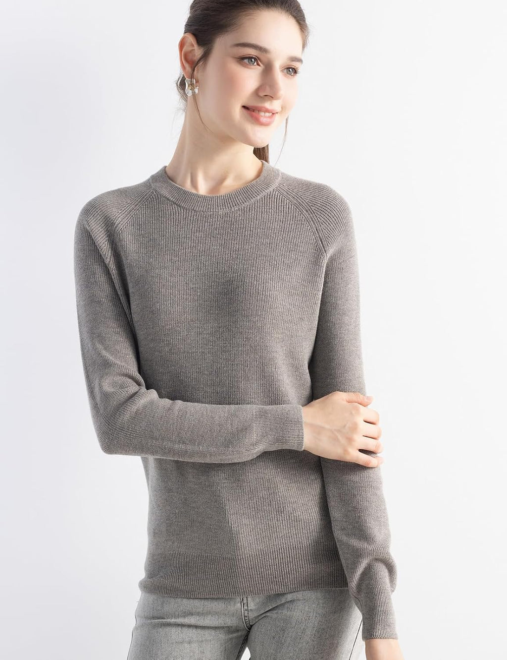 Merino Wool Blend Crew Neck Knit Sweater