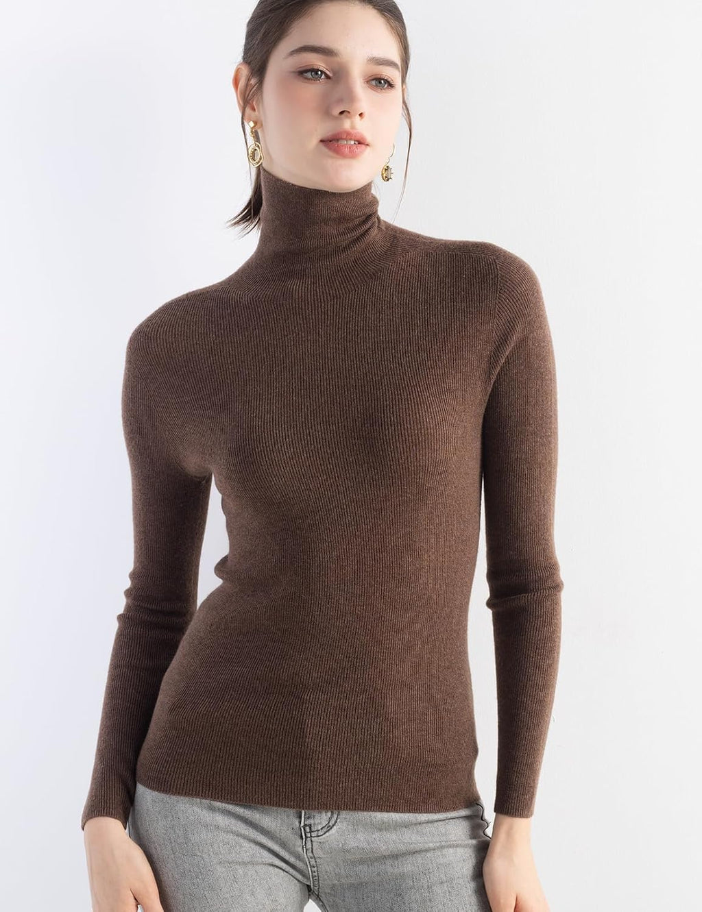 Merino Wool Blend Ribbed Turtleneck Slim Fit Sweater