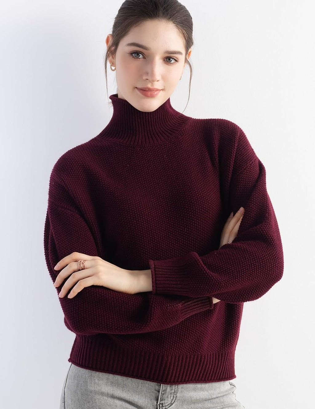 Merino Wool Blend Mock Neck Loose Knit Sweater