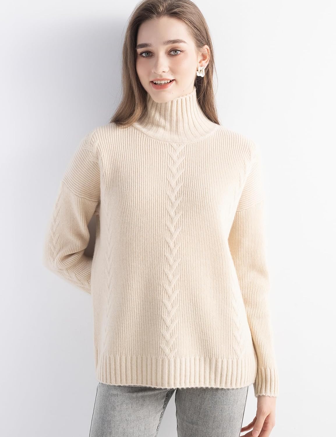 100% Cashmere Cable Knit Mock Neck Sweater