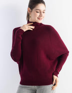 Merino Wool Blend Oversized Mock Neck Batwing Knit Sweater