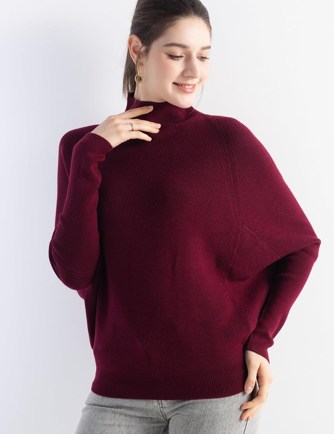 Merino Wool Blend Oversized Mock Neck Batwing Knit Sweater