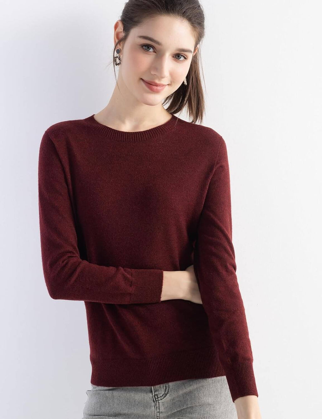 Merino Wool Blend Crew Neck Seamless Knit Sweater