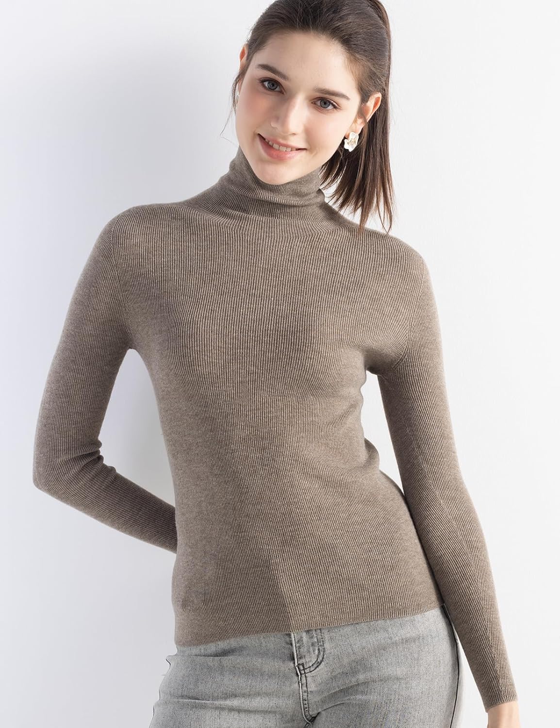 Merino Wool Blend Ribbed Turtleneck Slim Fit Sweater