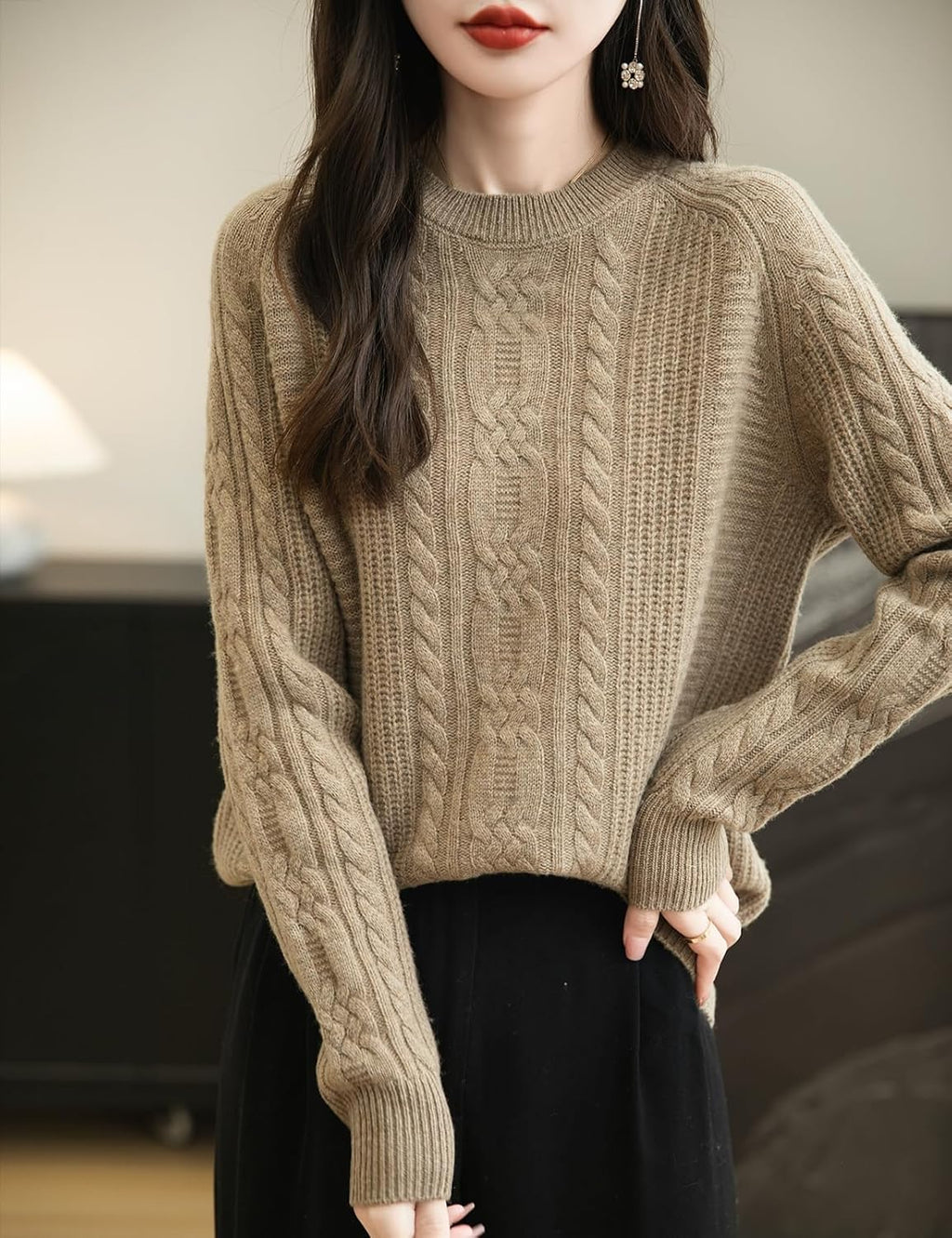 100% Merino Wool Crewneck Cable Knit Sweater