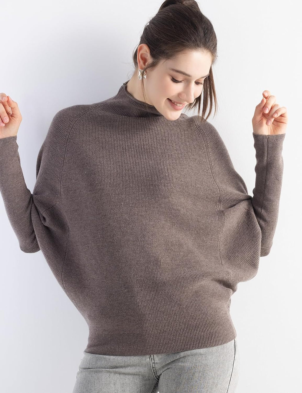 Merino Wool Blend Oversized Mock Neck Batwing Knit Sweater