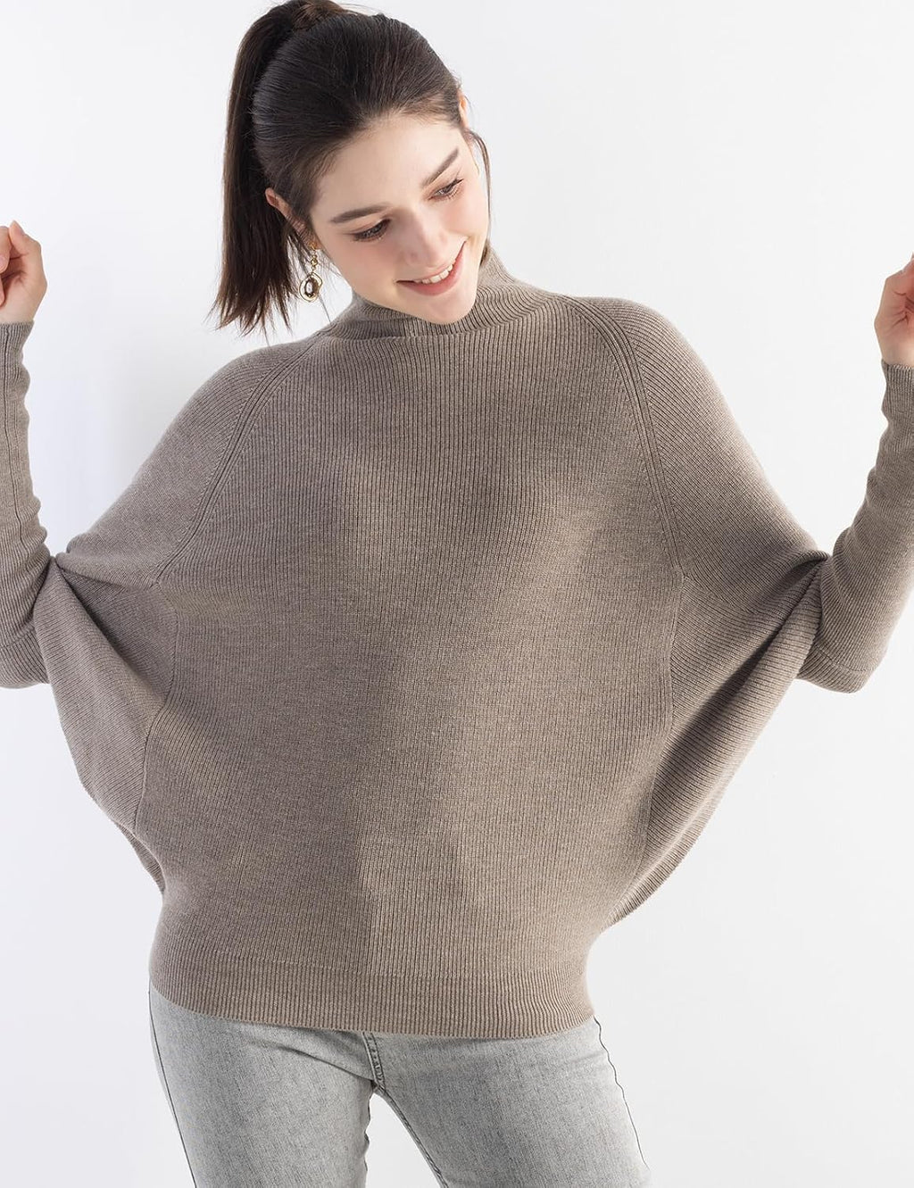 Merino Wool Blend Oversized Mock Neck Batwing Knit Sweater