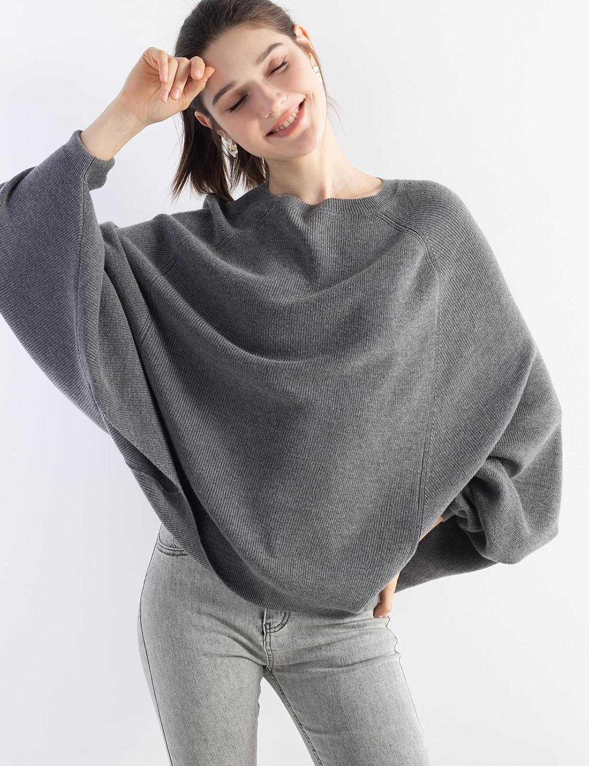 Merino Wool Blend Oversized Crewneck Batwing Sweater