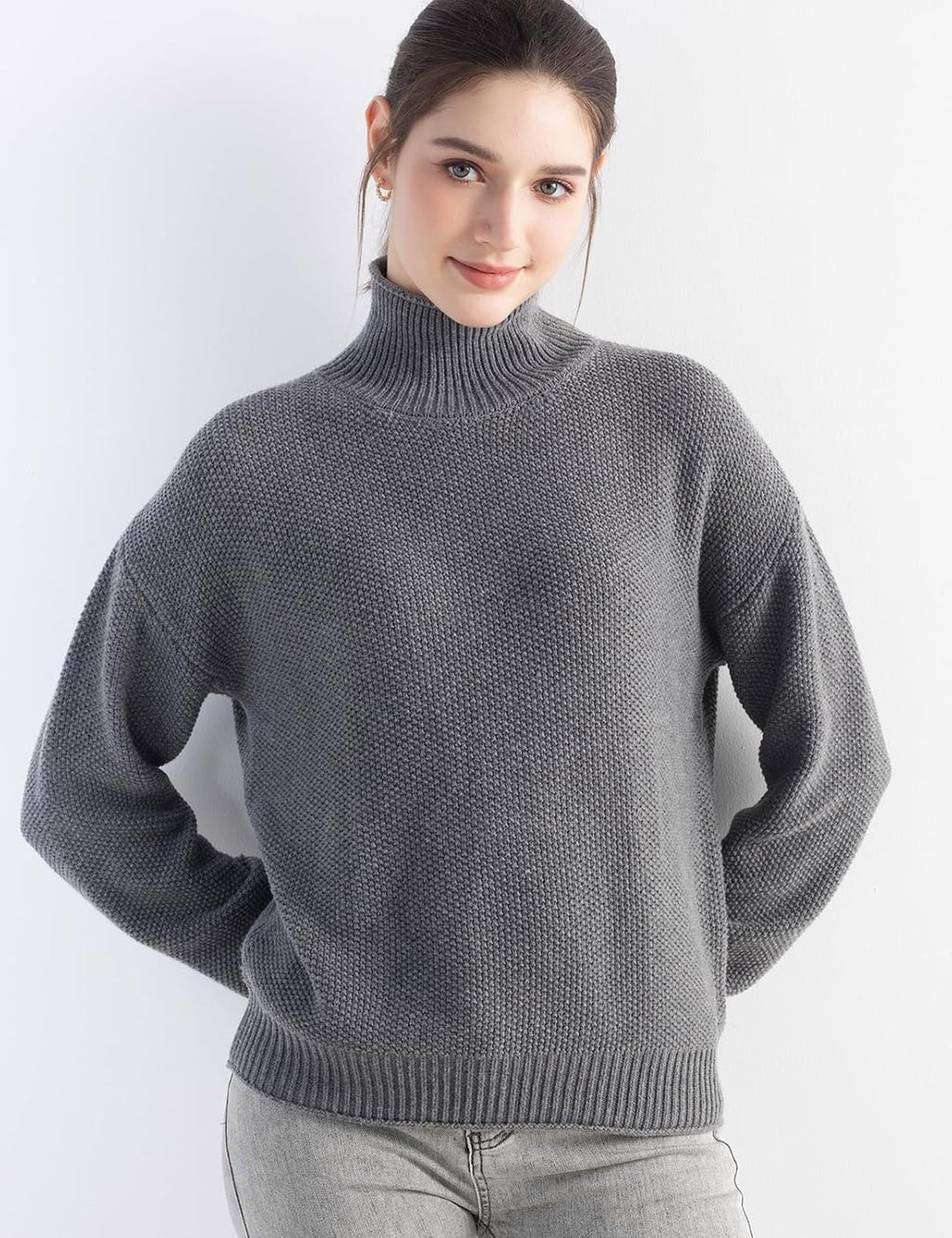 Merino Wool Blend Mock Neck Loose Knit Sweater