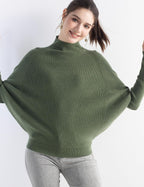 Merino Wool Blend Oversized Mock Neck Batwing Knit Sweater