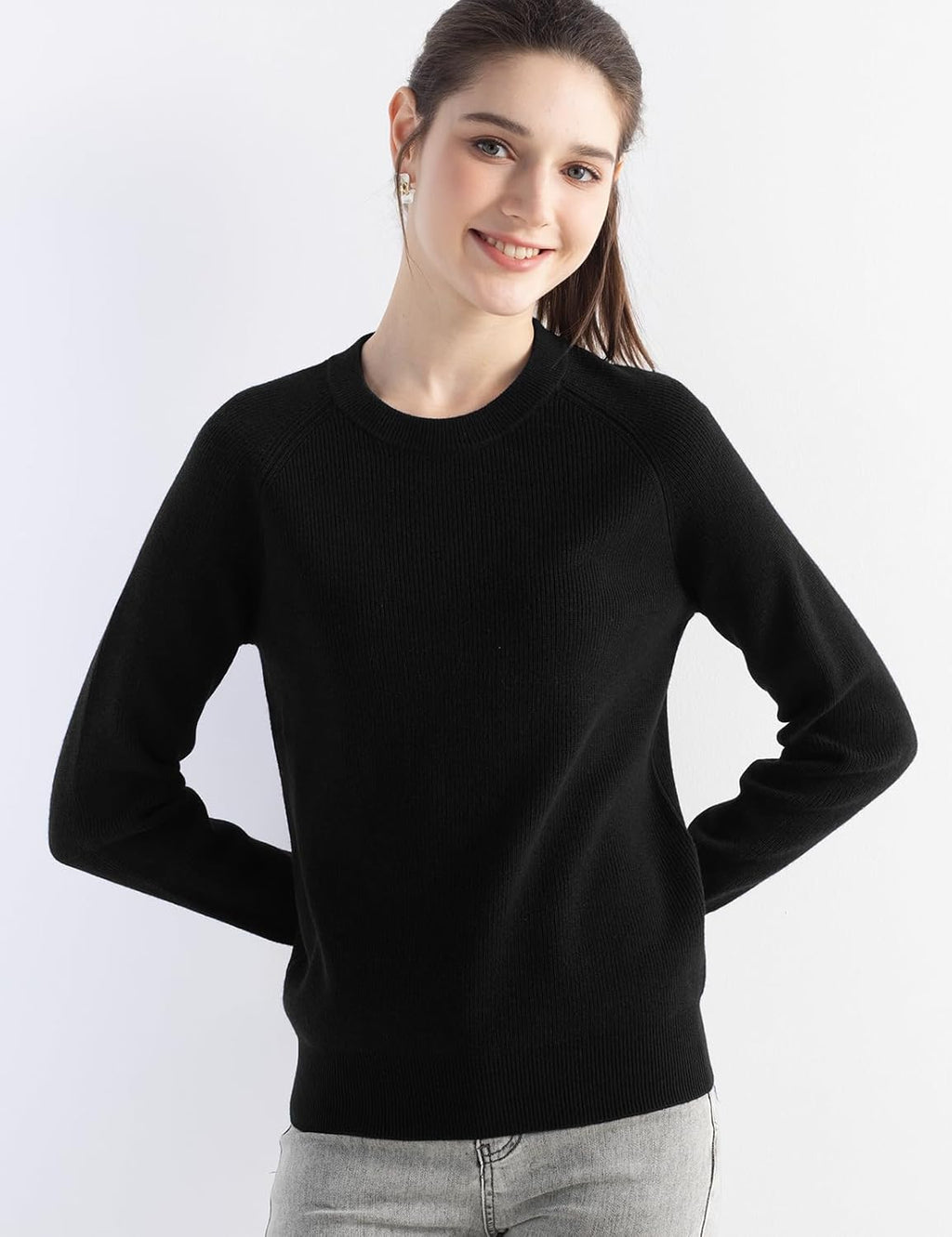 Merino Wool Blend Crew Neck Knit Sweater