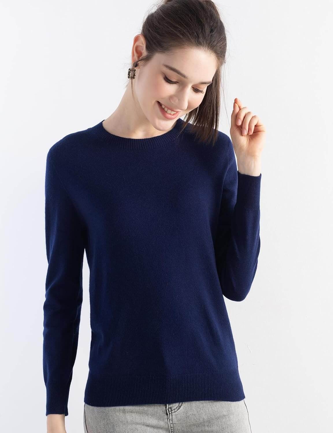 Merino Wool Blend Crew Neck Seamless Knit Sweater