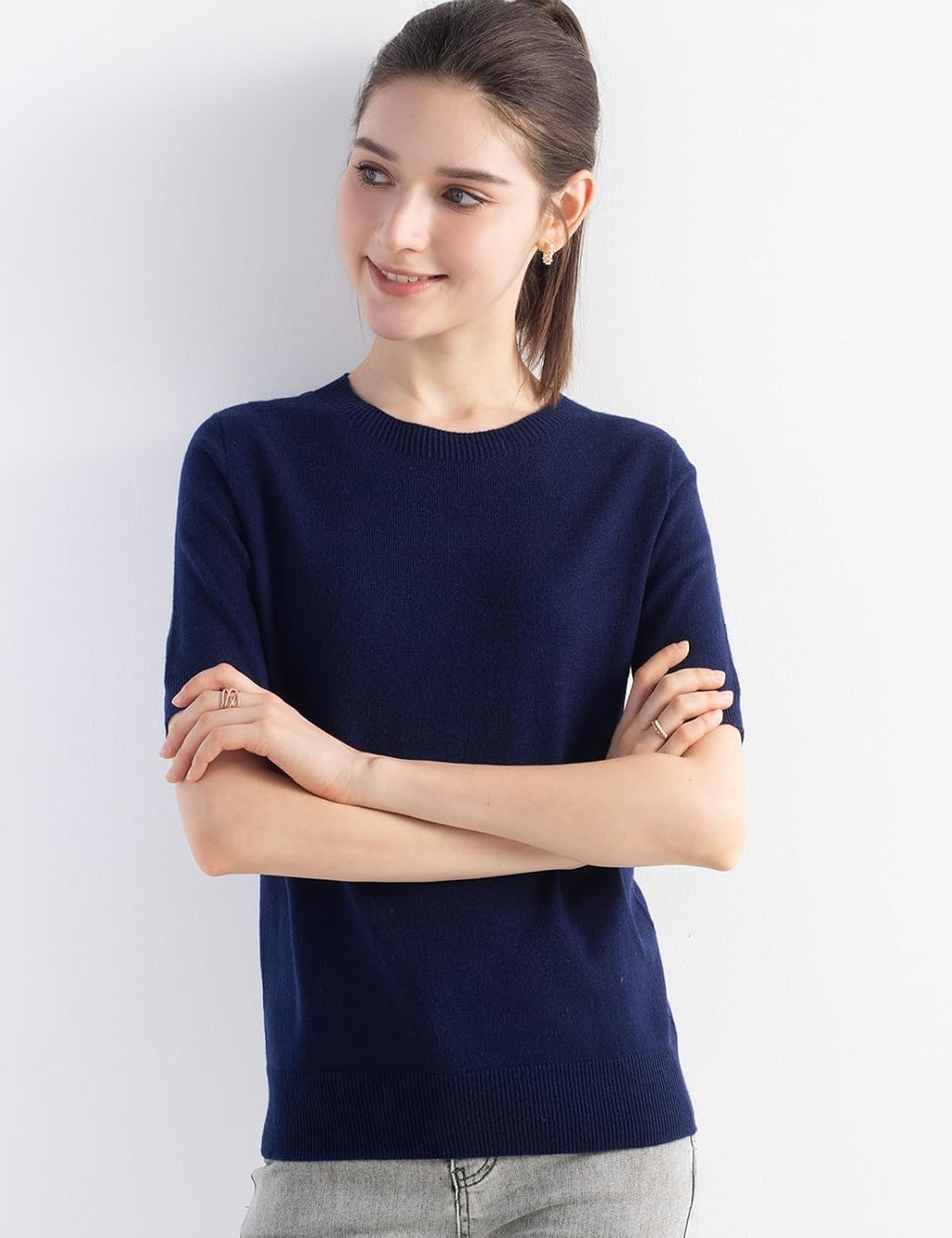 Merino Wool Blend Crew Neck Short Sleeve Seamless Knit Sweater