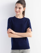 Merino Wool Blend Crew Neck Short Sleeve Seamless Knit Sweater