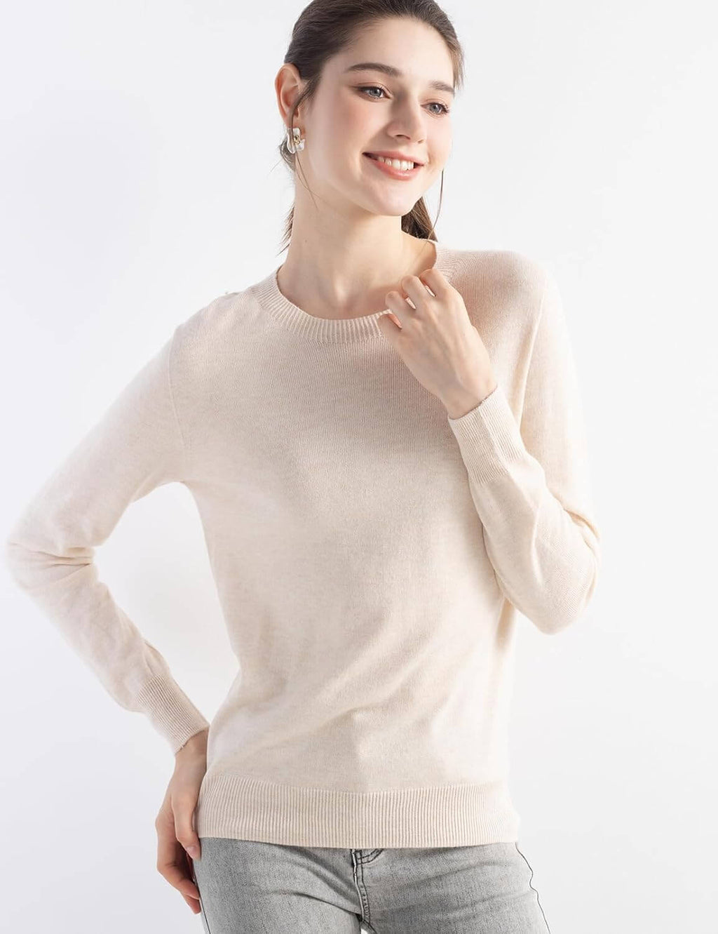 Merino Wool Blend Crew Neck Seamless Knit Sweater