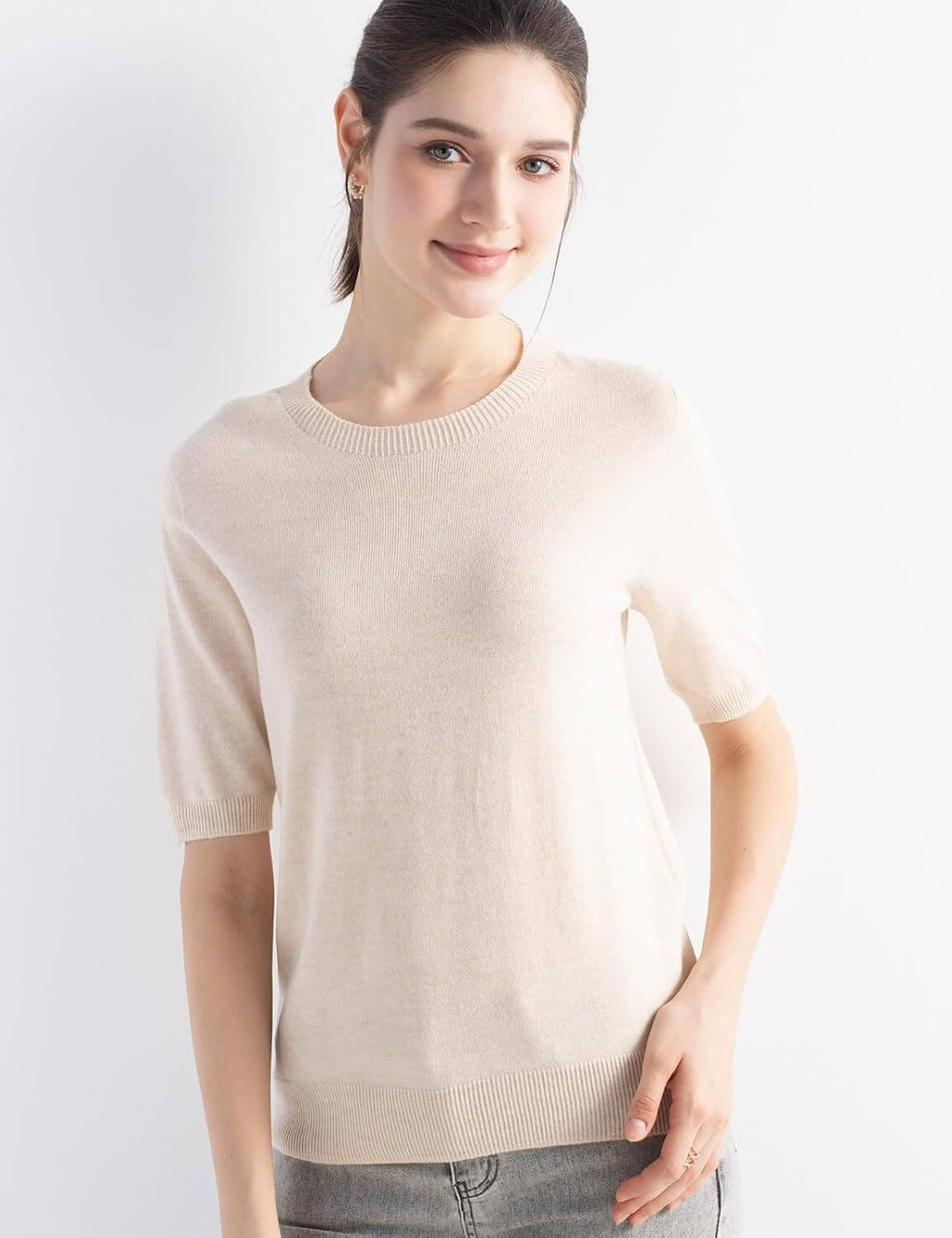 Merino Wool Blend Crew Neck Short Sleeve Seamless Knit Sweater