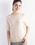 Merino Wool Blend Crew Neck Short Sleeve Seamless Knit Sweater