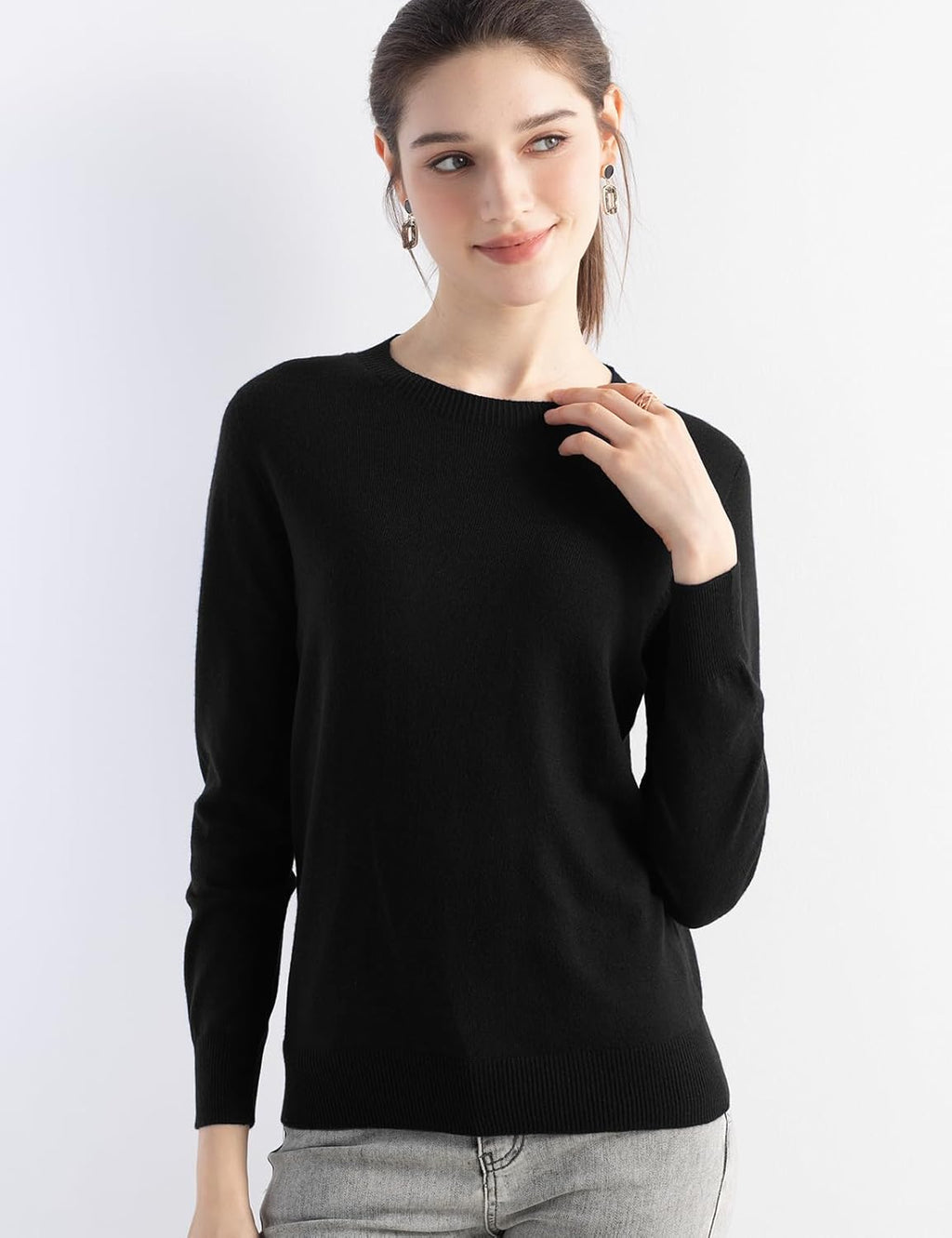 Merino Wool Blend Crew Neck Seamless Knit Sweater