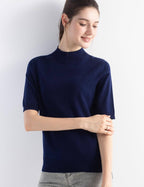 Merino Wool Blend Mock Neck Short Sleeve Seamless Knit Sweater
