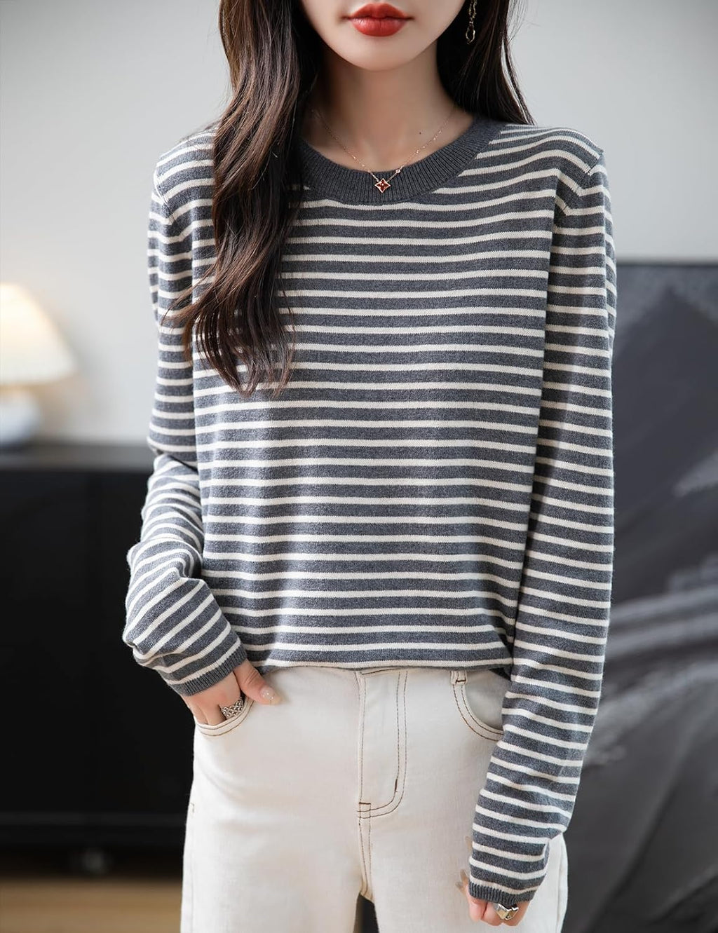 Merino Wool Blend Striped Crewneck Sweater