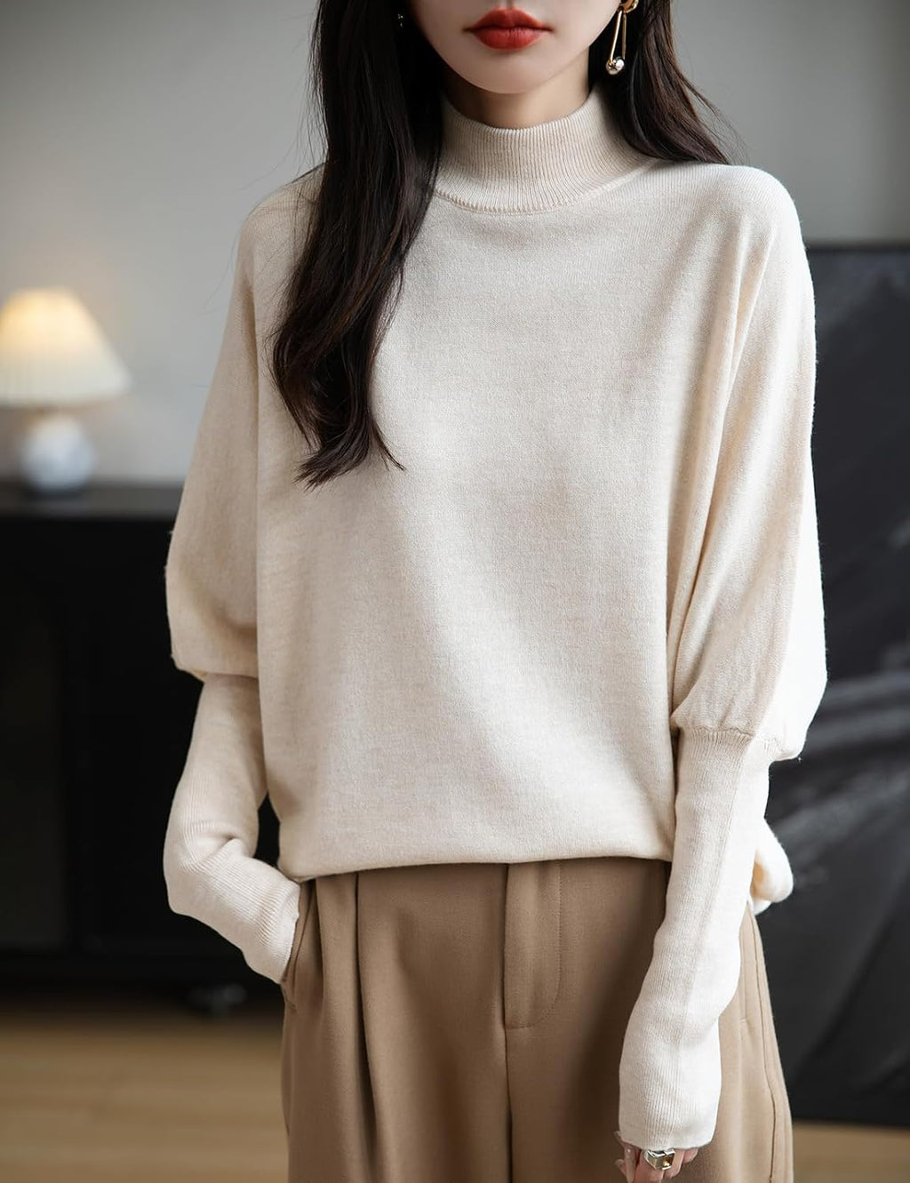 Merino Wool Blend Mock Neck Batwing Sleeve Sweater