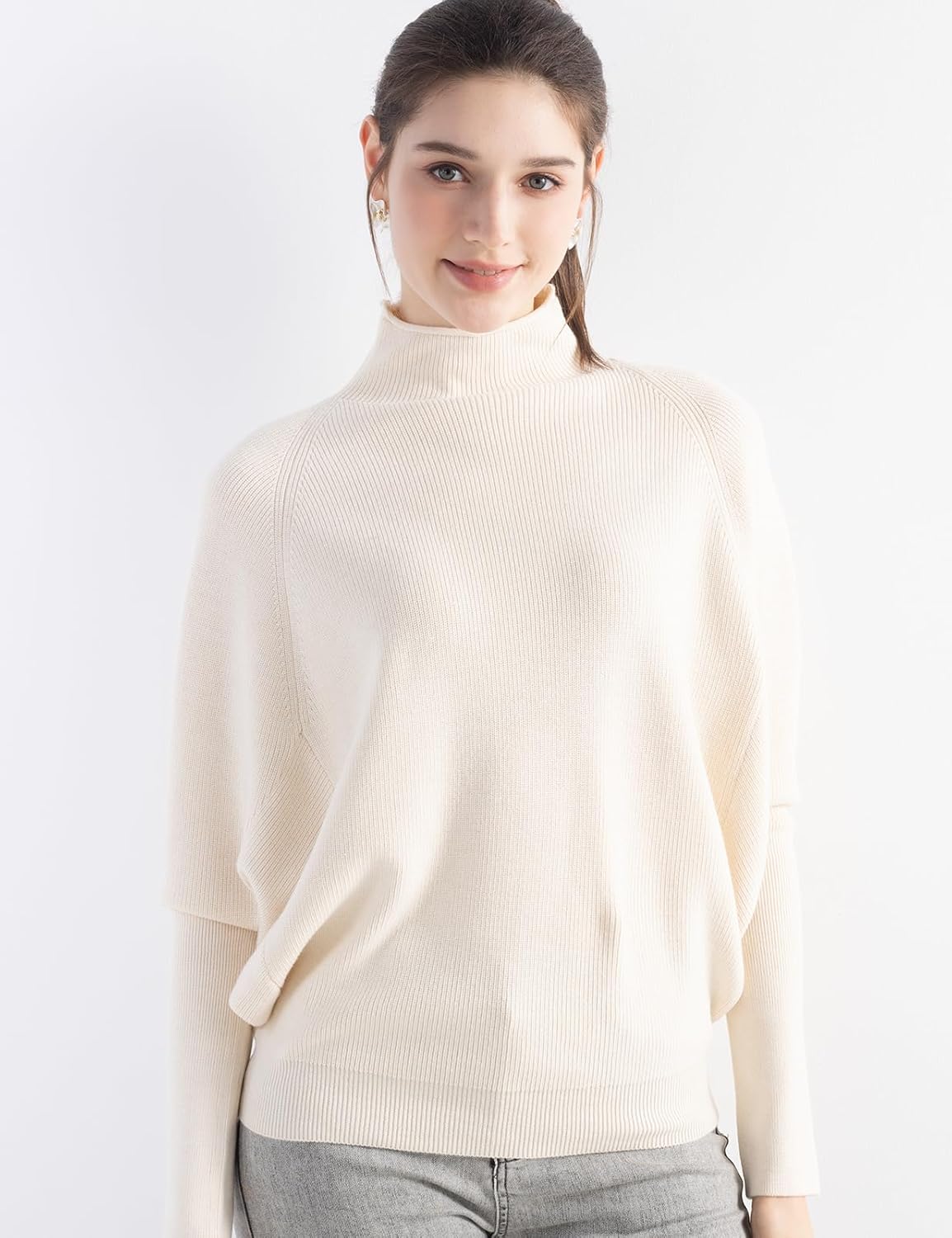 Merino Wool Blend Oversized Mock Neck Batwing Knit Sweater