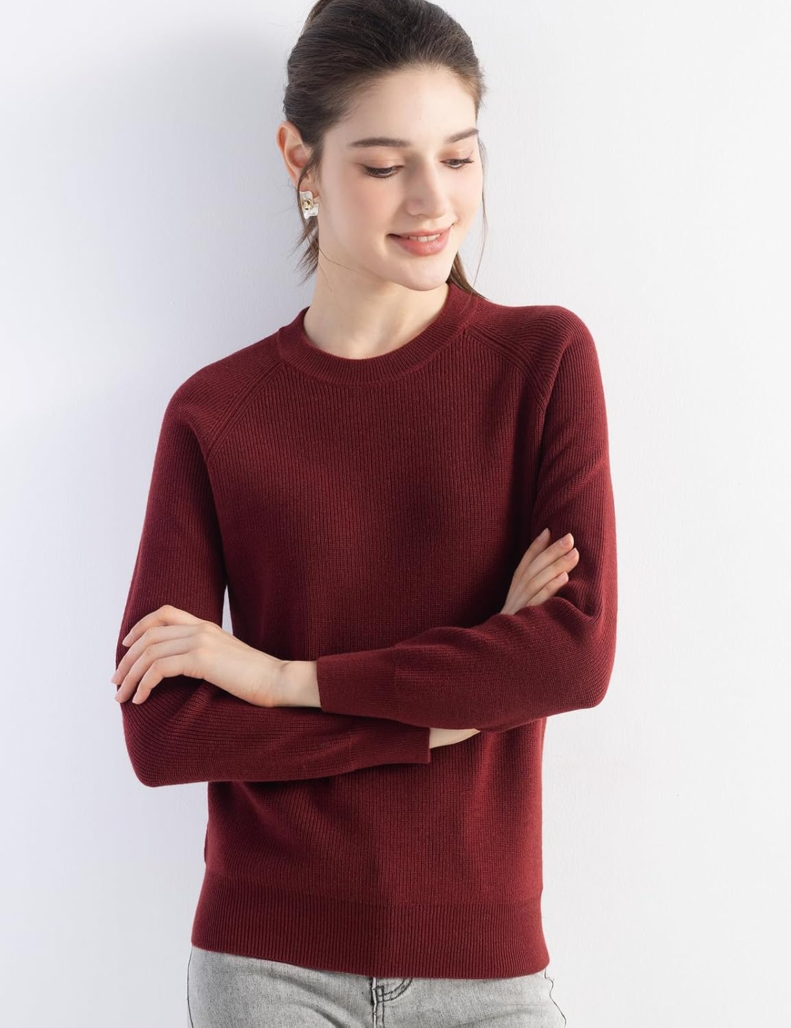 Merino Wool Blend Crew Neck Knit Sweater