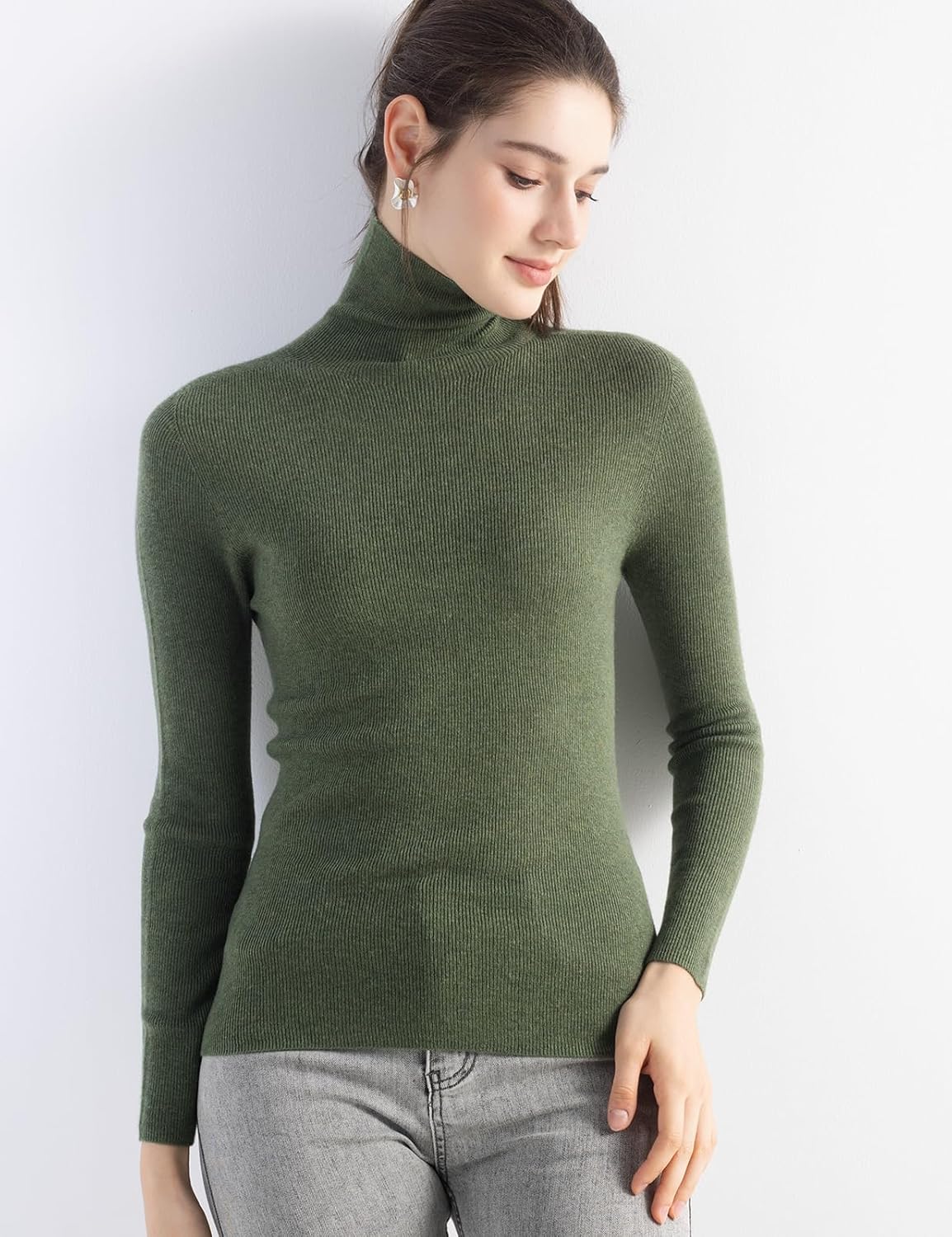 Merino Wool Blend Ribbed Turtleneck Slim Fit Sweater