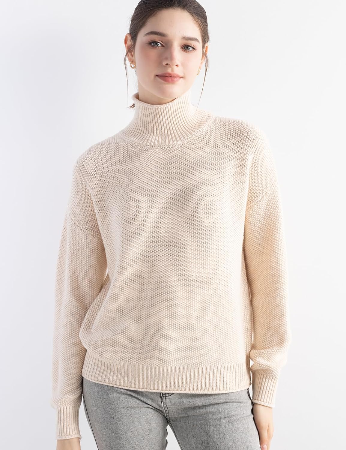Merino Wool Blend Mock Neck Loose Knit Sweater