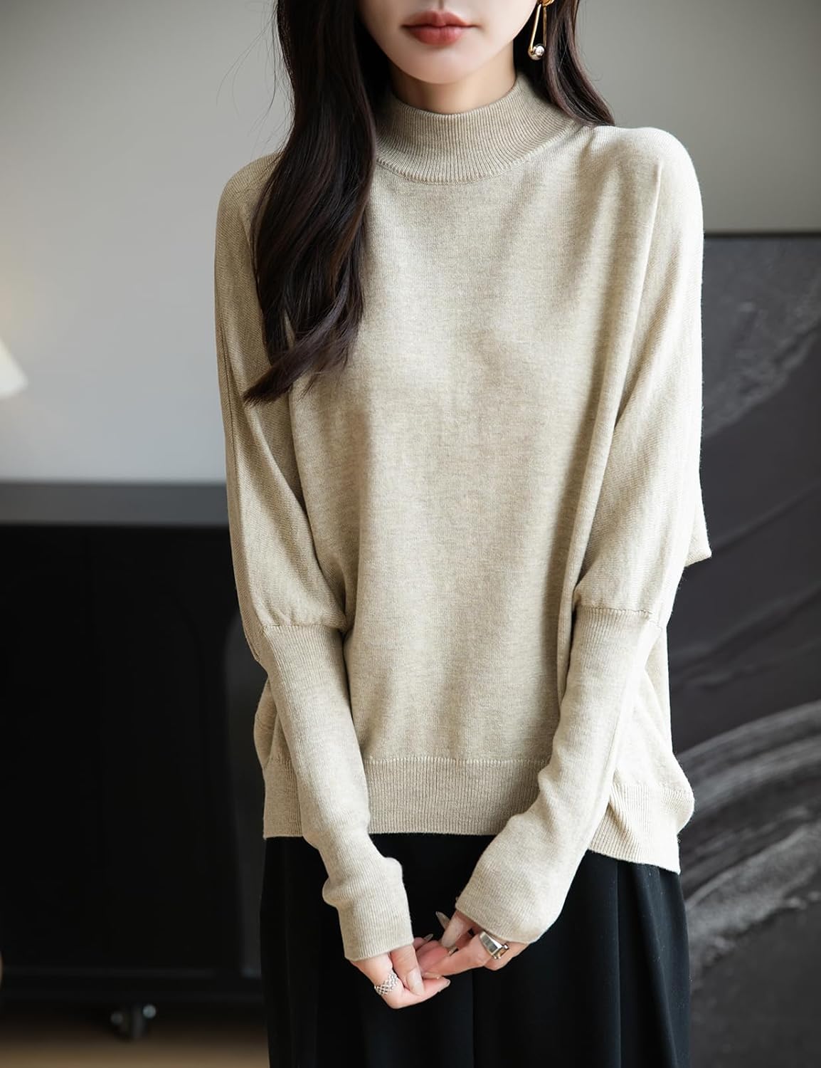 Merino Wool Blend Mock Neck Batwing Sleeve Sweater