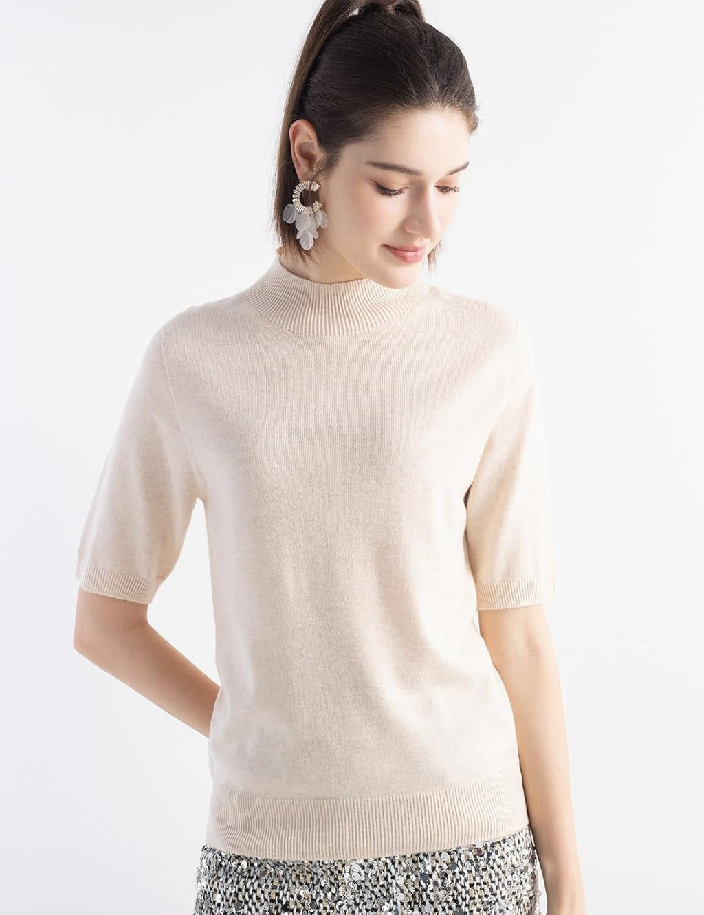 Merino Wool Blend Mock Neck Short Sleeve Seamless Knit Sweater