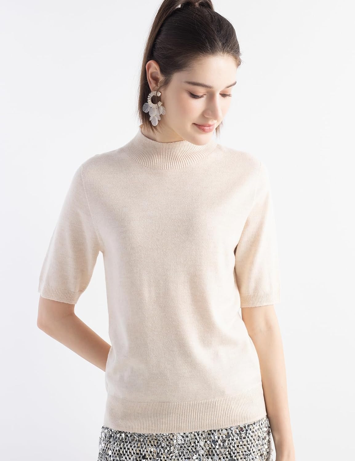 Merino Wool Blend Mock Neck Short Sleeve Seamless Knit Sweater