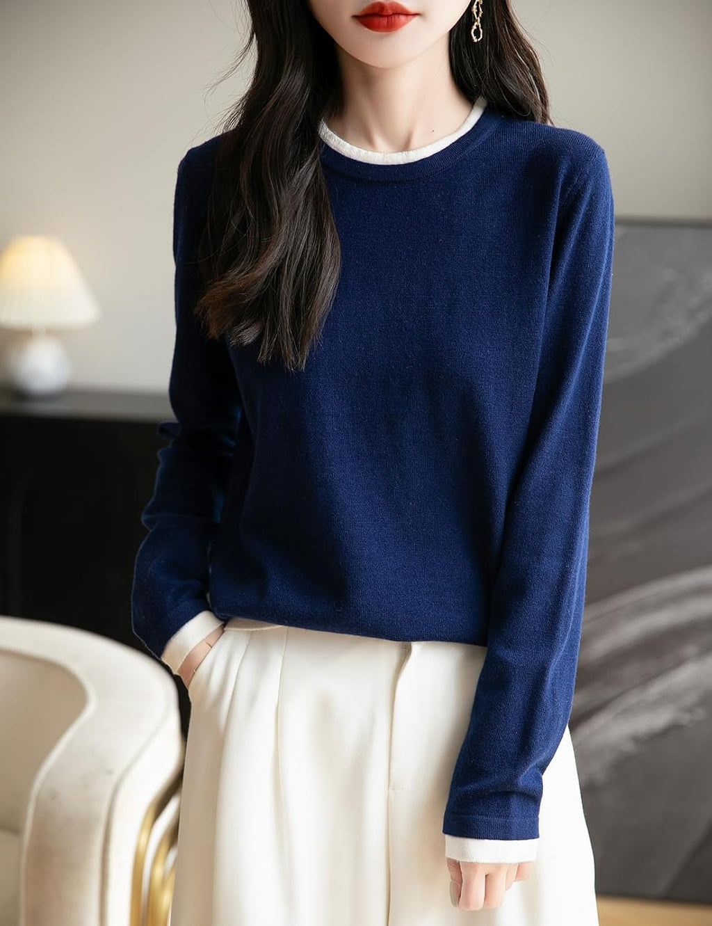 Merino Wool Blend Color Block Fake Two-Piece Crewneck Knit Top