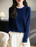 Merino Wool Blend Color Block Fake Two-Piece Crewneck Knit Top