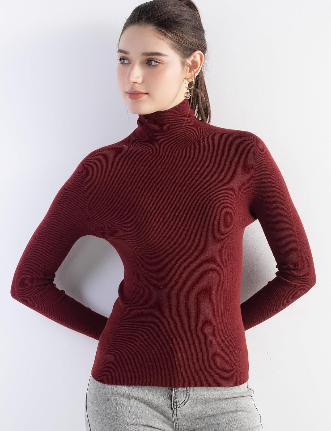 Merino Wool Blend Ribbed Turtleneck Slim Fit Sweater