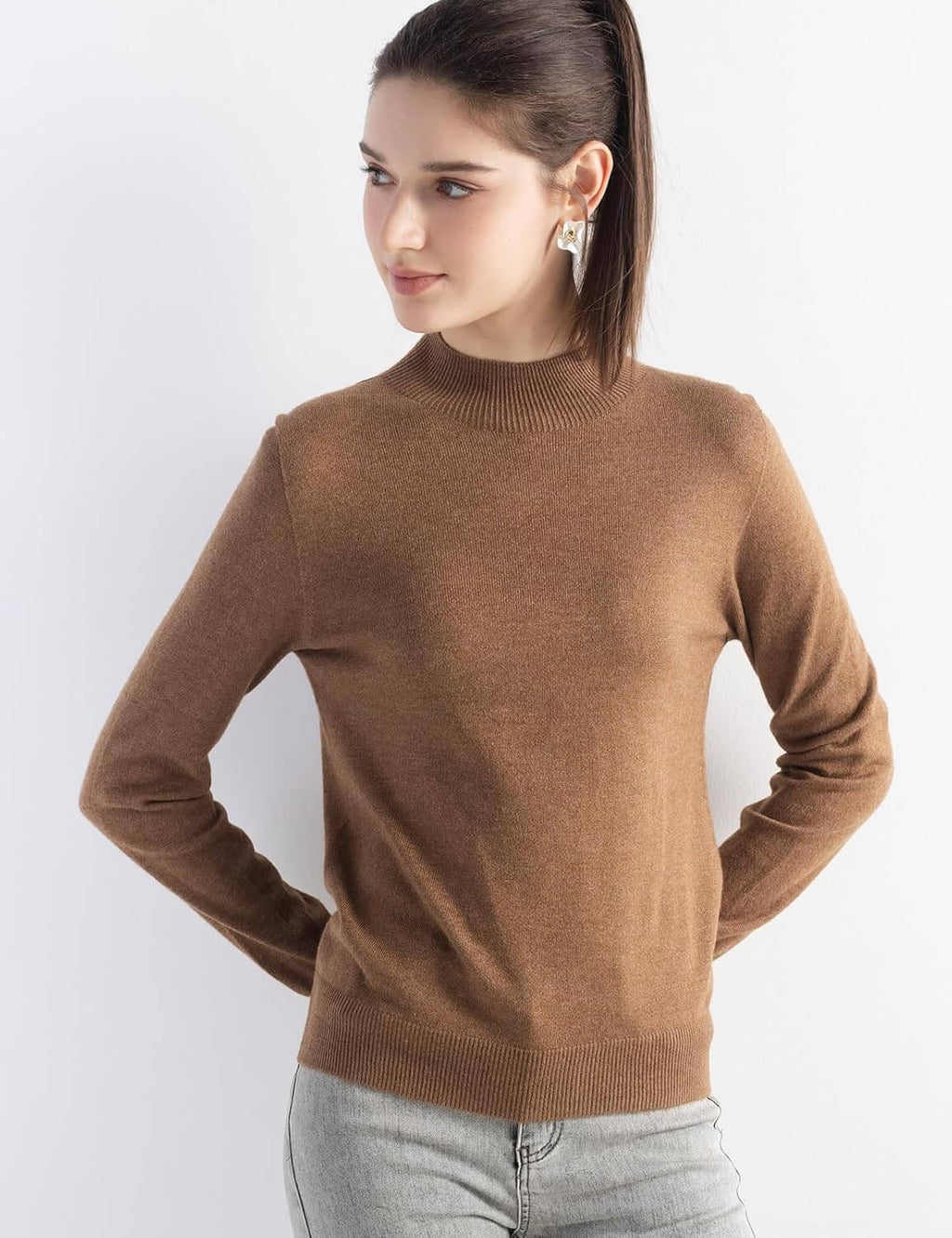 Merino Wool Blend Mock Neck Seamless Knit Sweater