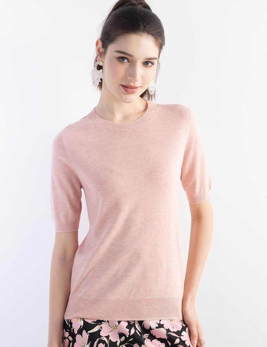 Merino Wool Blend Crew Neck Short Sleeve Seamless Knit Sweater
