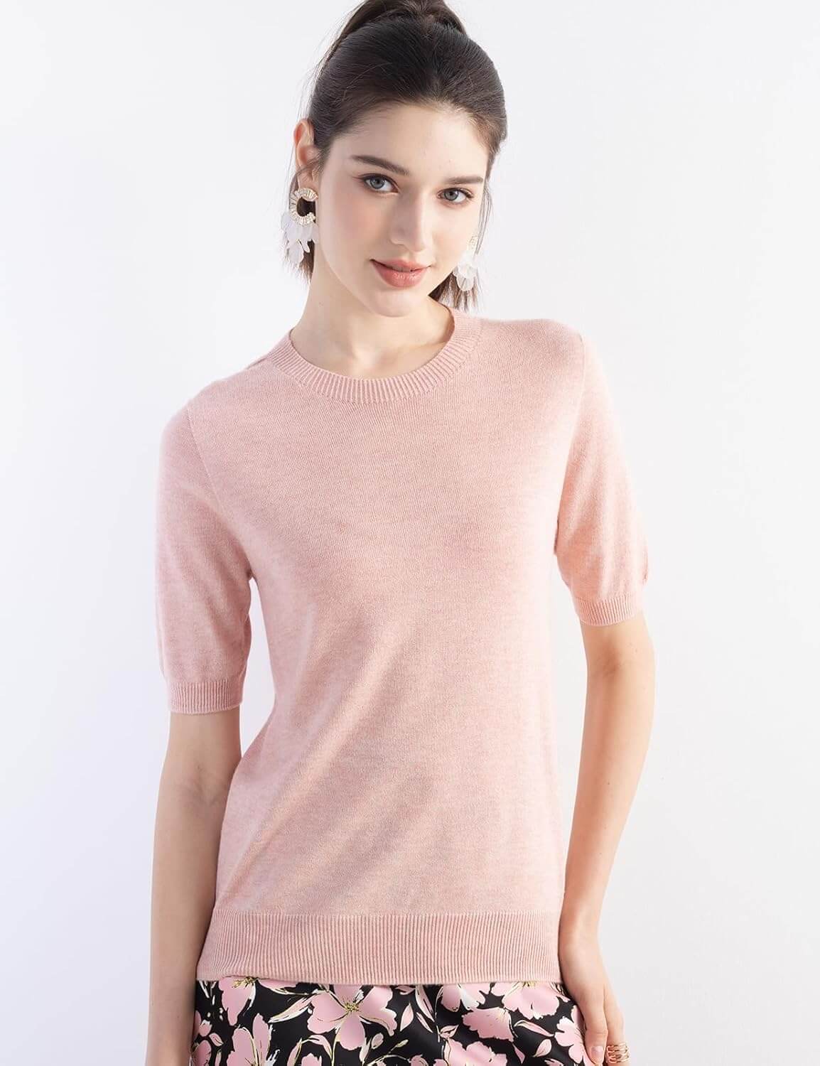 Merino Wool Blend Crew Neck Short Sleeve Seamless Knit Sweater