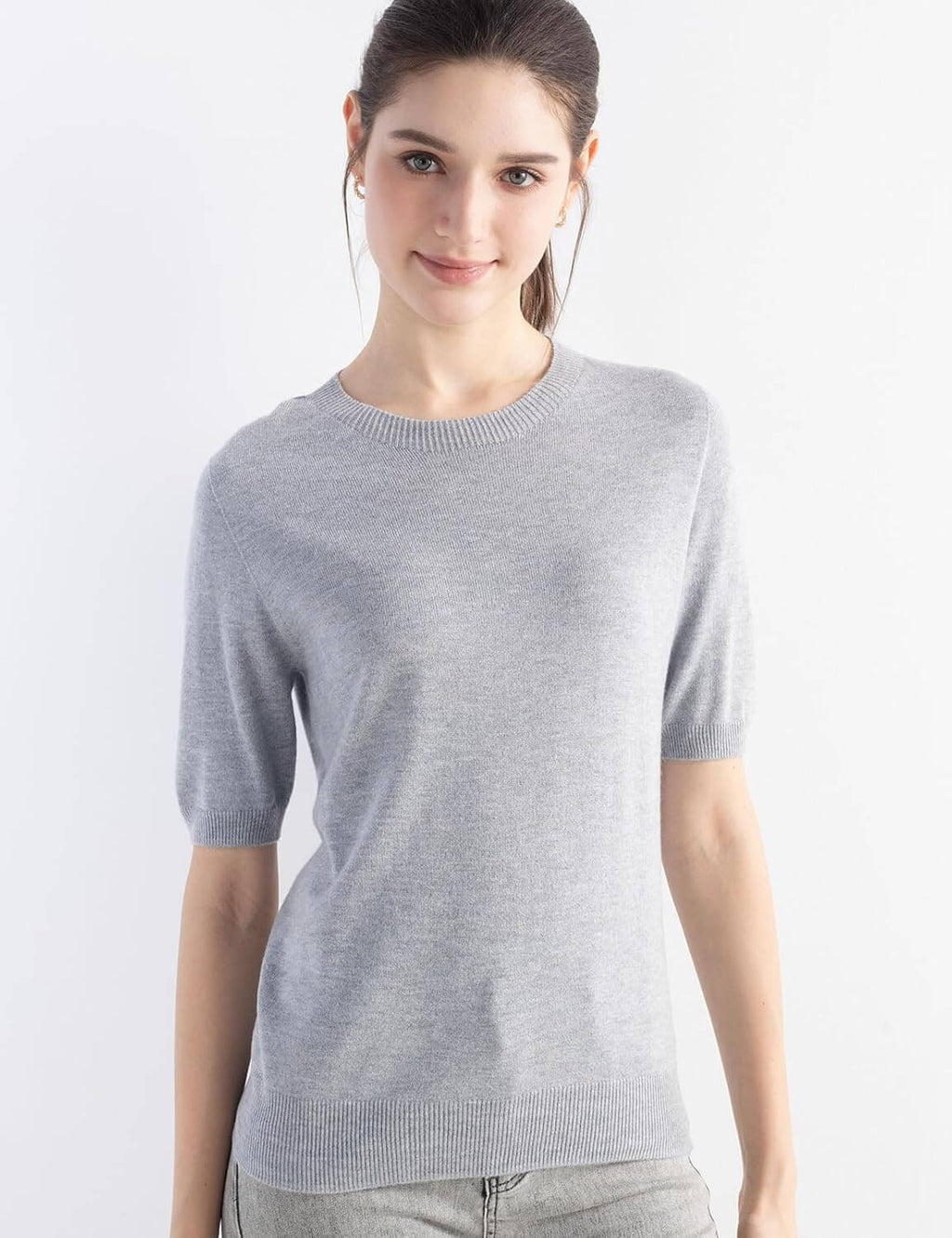 Merino Wool Blend Crew Neck Short Sleeve Seamless Knit Sweater