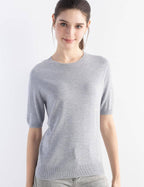 Merino Wool Blend Crew Neck Short Sleeve Seamless Knit Sweater