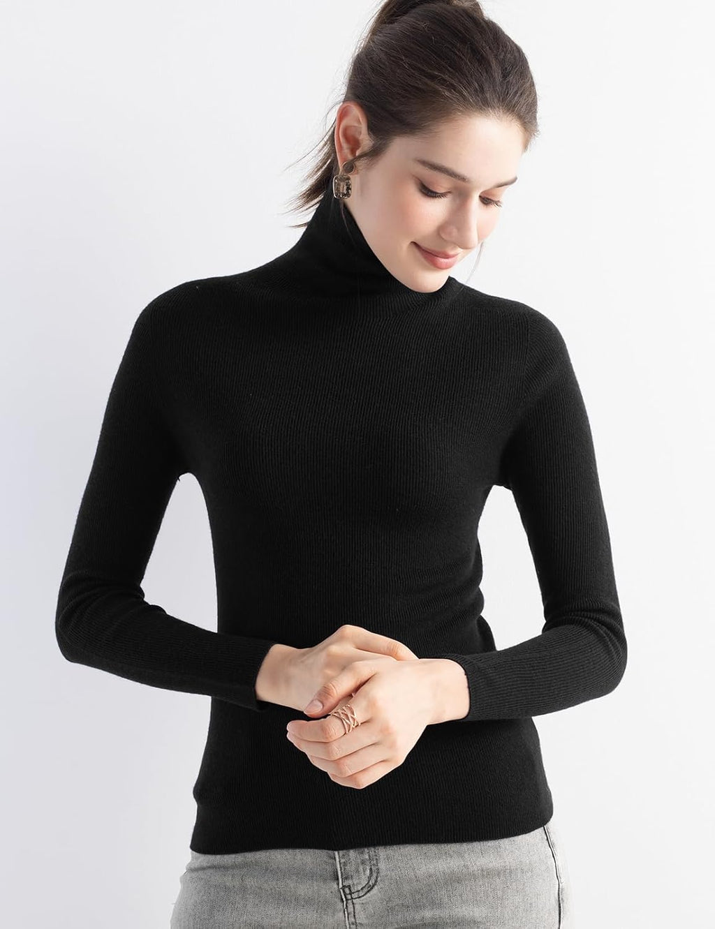 Merino Wool Blend Ribbed Turtleneck Slim Fit Sweater